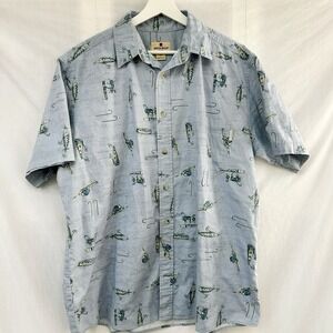 Woolrich Men's Large Cotton Shirt Button‎ Down Fly Fishing All Over Print Blue